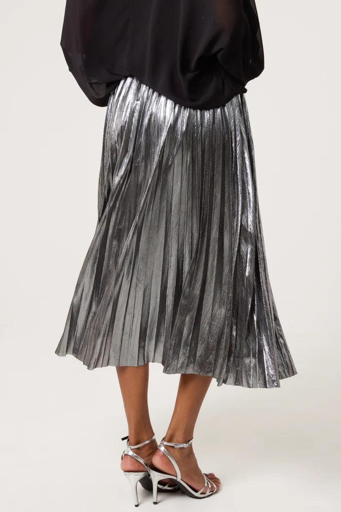 Silver Metallic Pleated Midi Skirt