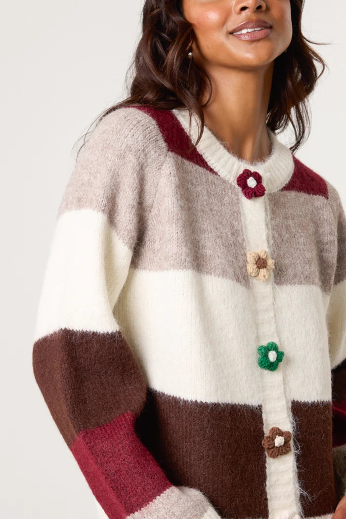 Striped Flower Button Cardigan