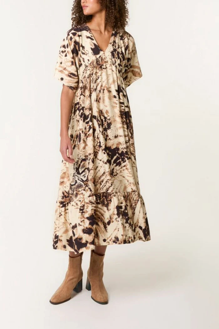 Brown Animal Print Shirred Midi Dress