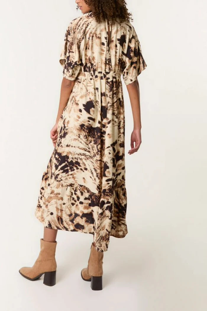 Brown Animal Print Shirred Midi Dress
