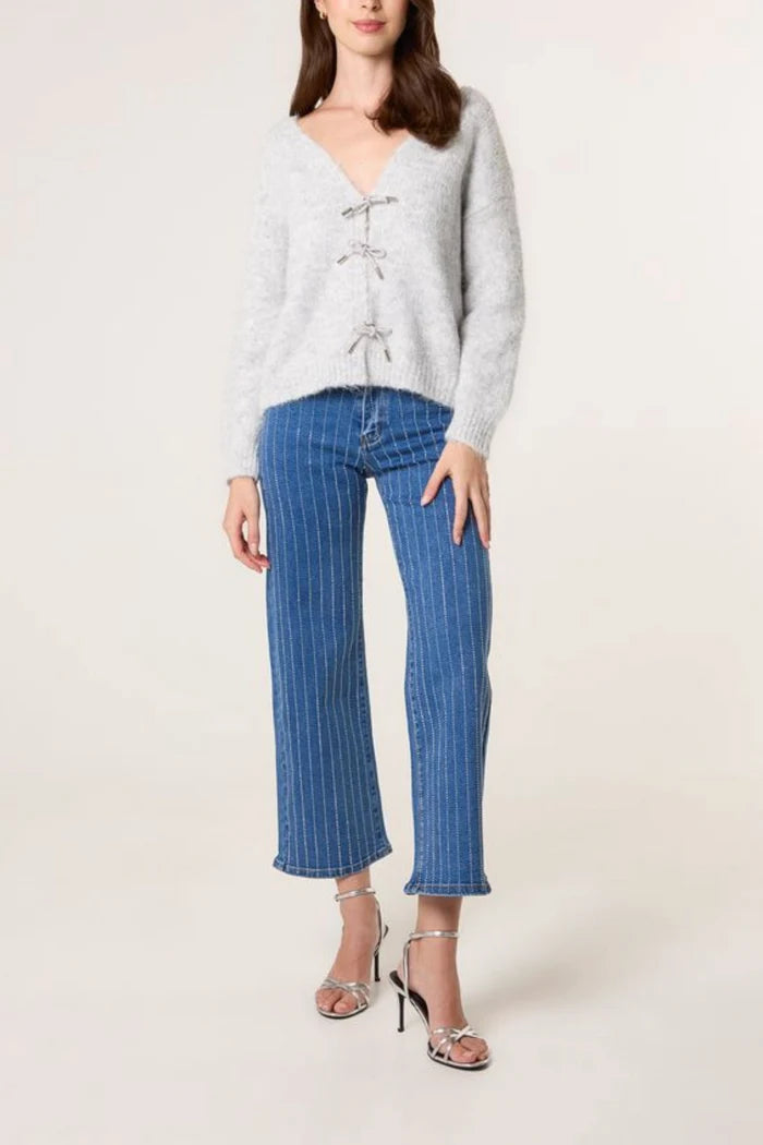 Grey Diamante Bow V Neck Jumper