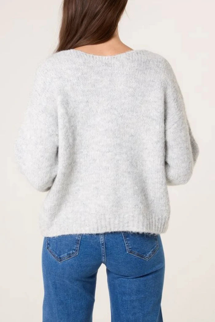 Grey Diamante Bow V Neck Jumper