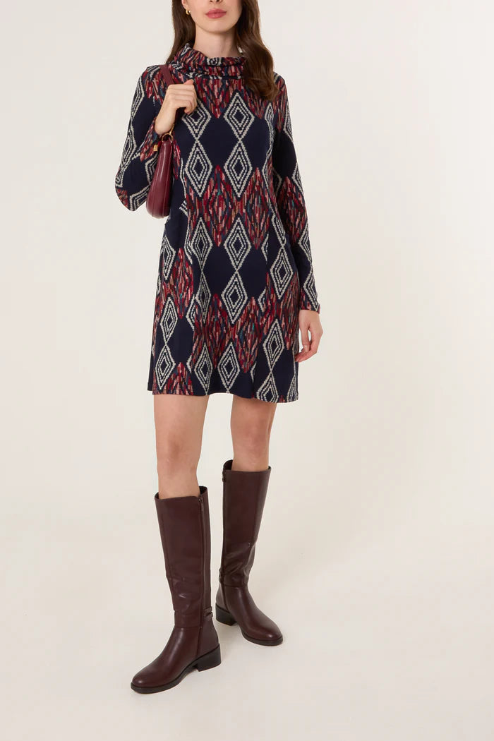 Navy Aztec Cowal Neck Dress