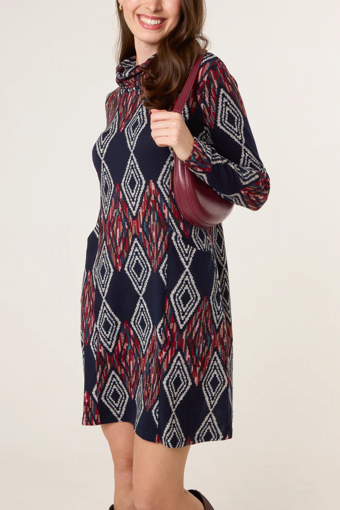 Navy Aztec Cowal Neck Dress