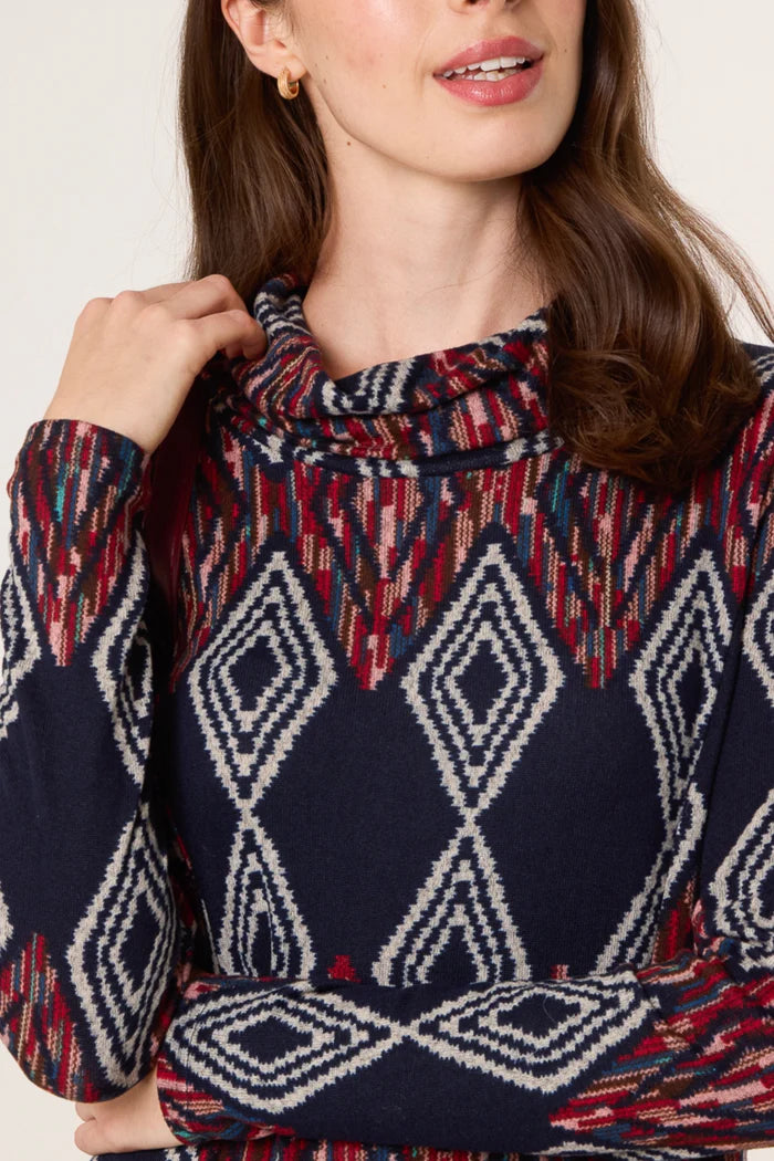 Navy Aztec Cowal Neck Dress