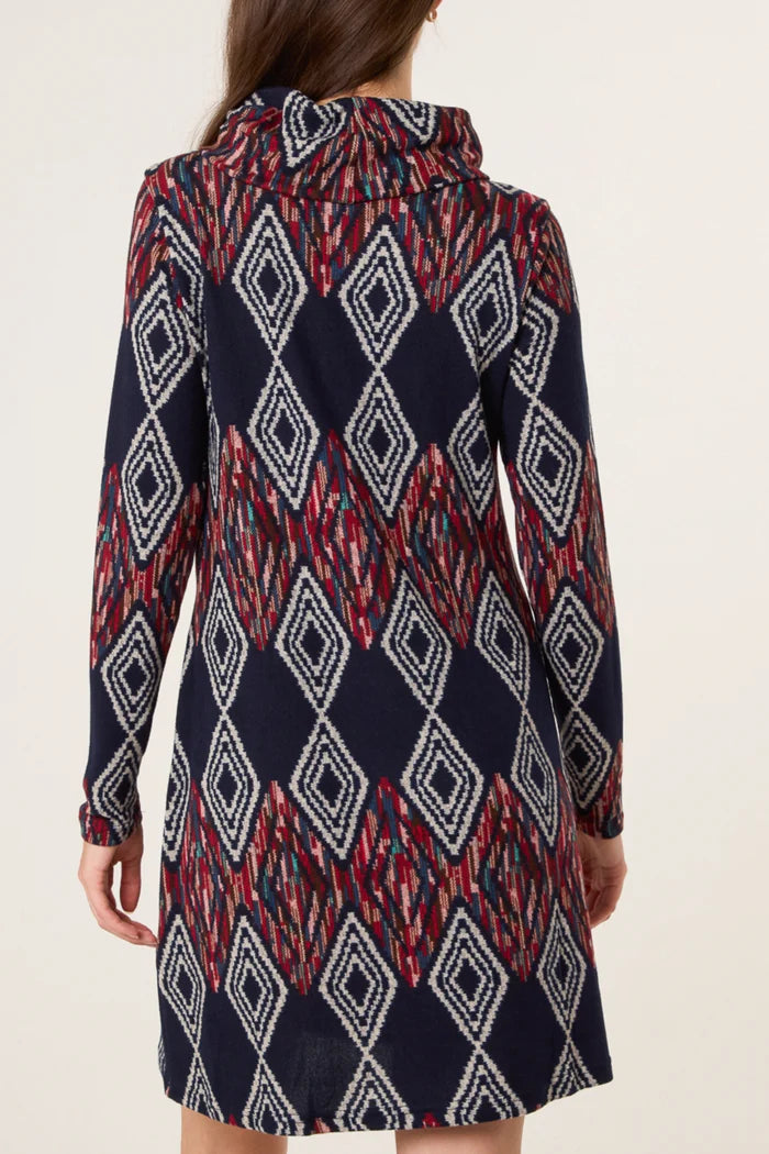 Navy Aztec Cowal Neck Dress
