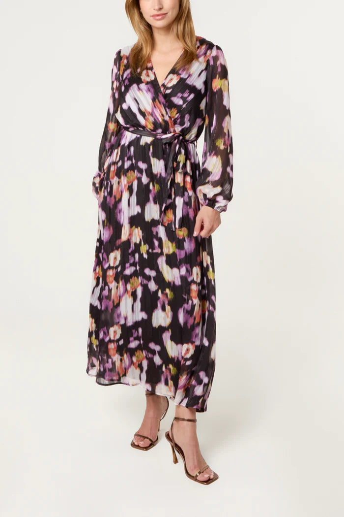 Black Abstract Print Chiffon Sparkle Stripe Maxi Wrap Dress