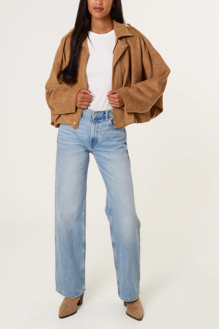 Tan Suedette Puffball Jacket