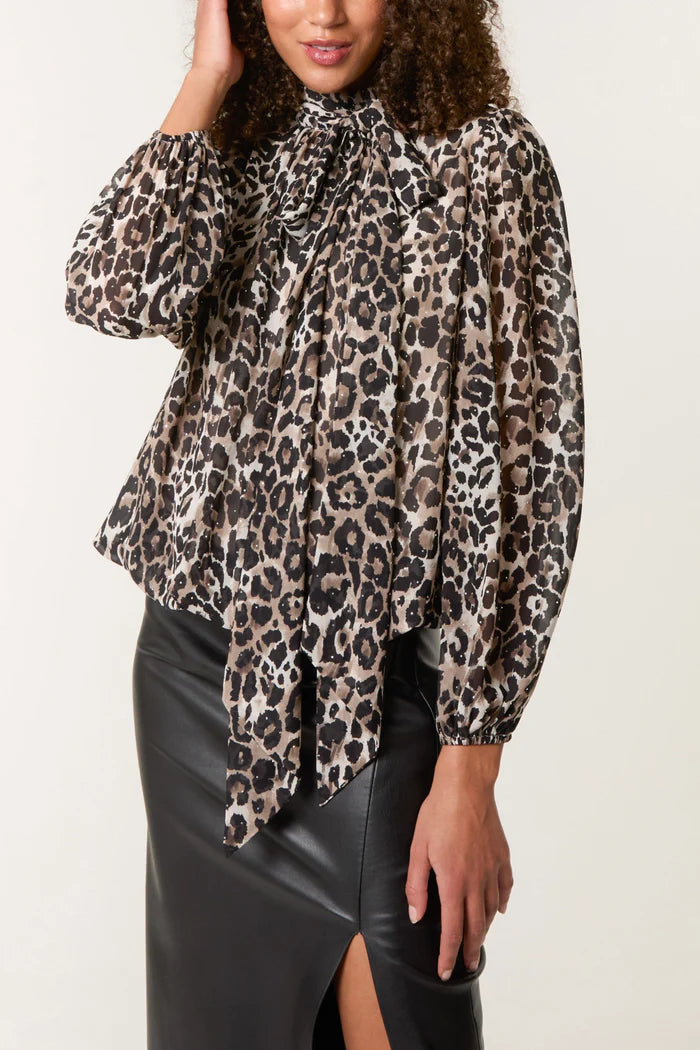 Leopard Print Diamante Tie Neck Blouse
