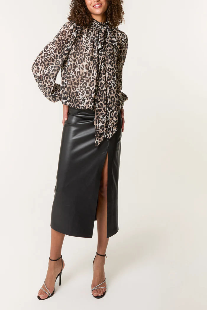 Leopard Print Diamante Tie Neck Blouse