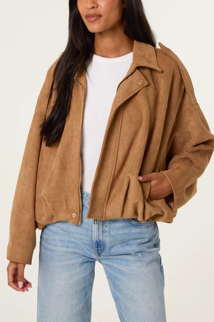Tan Suedette Puffball Jacket