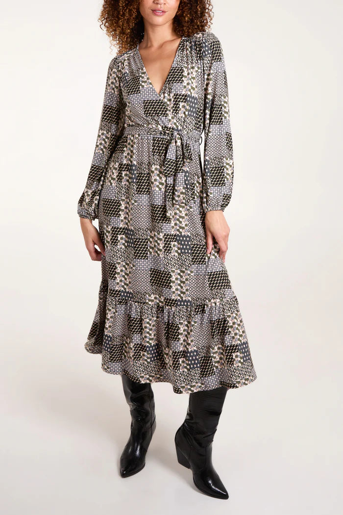 Patchwork Print Wrap Front Midi Stretch Dress