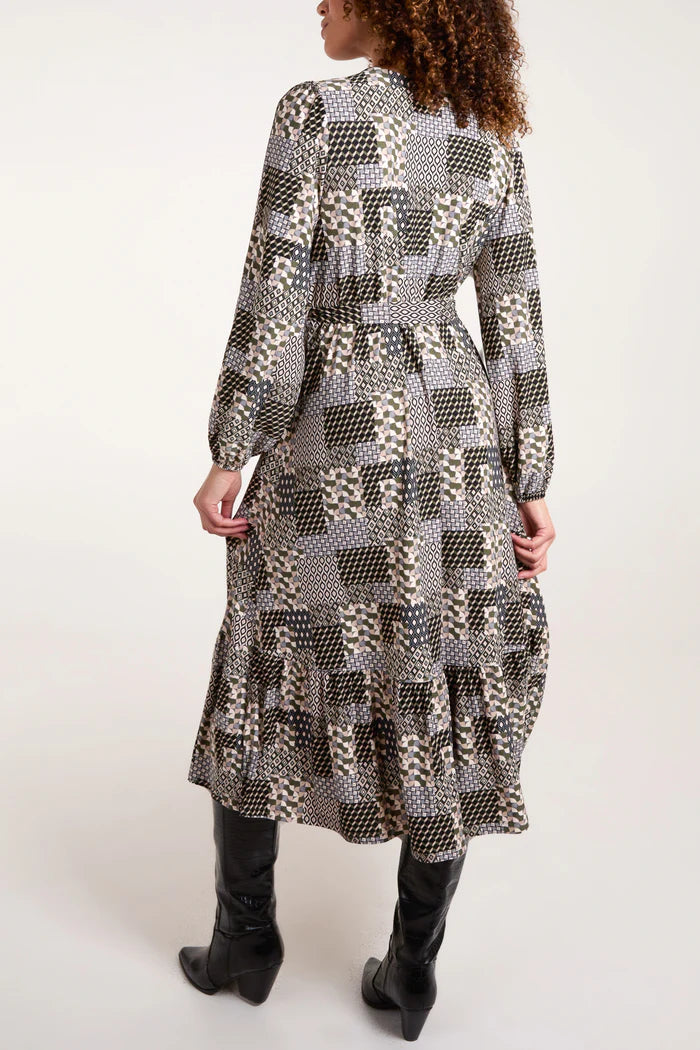 Patchwork Print Wrap Front Midi Stretch Dress