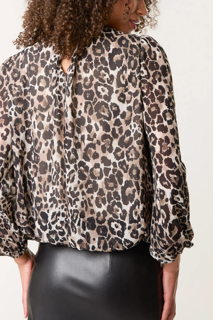 Leopard Print Diamante Tie Neck Blouse