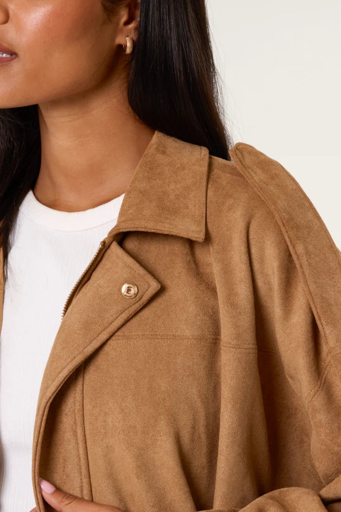 Tan Suedette Puffball Jacket