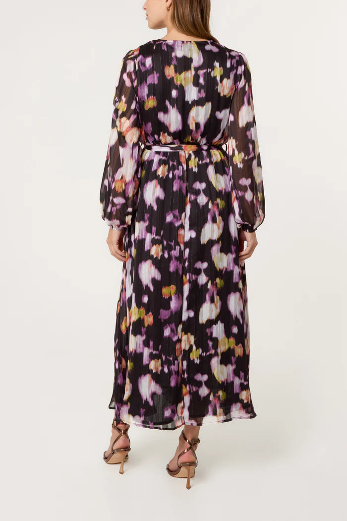 Black Abstract Print Chiffon Sparkle Stripe Maxi Wrap Dress