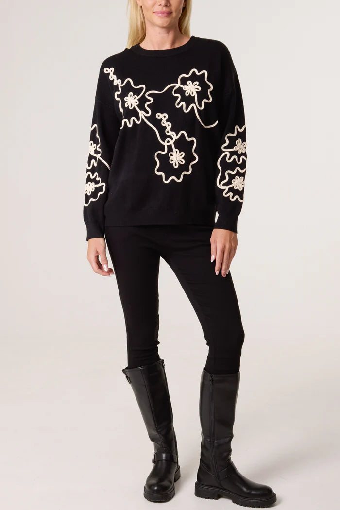 Black Abstract Floral Squiggle Jumper