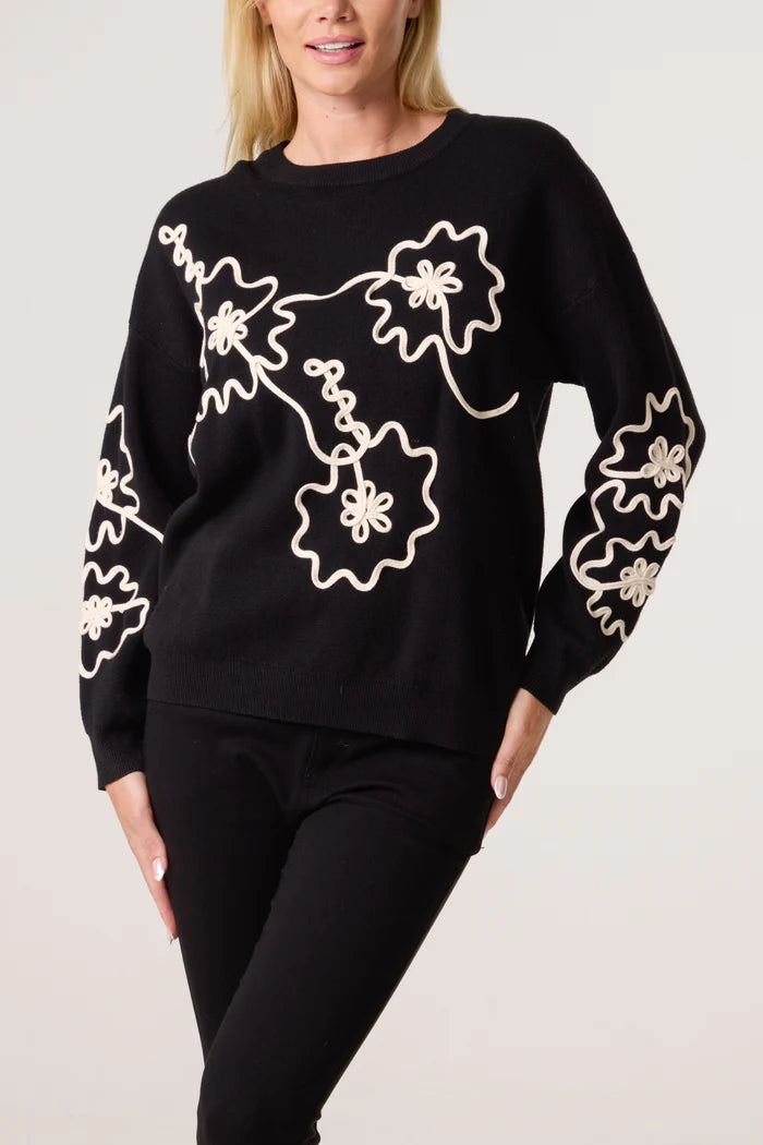 Black Abstract Floral Squiggle Jumper