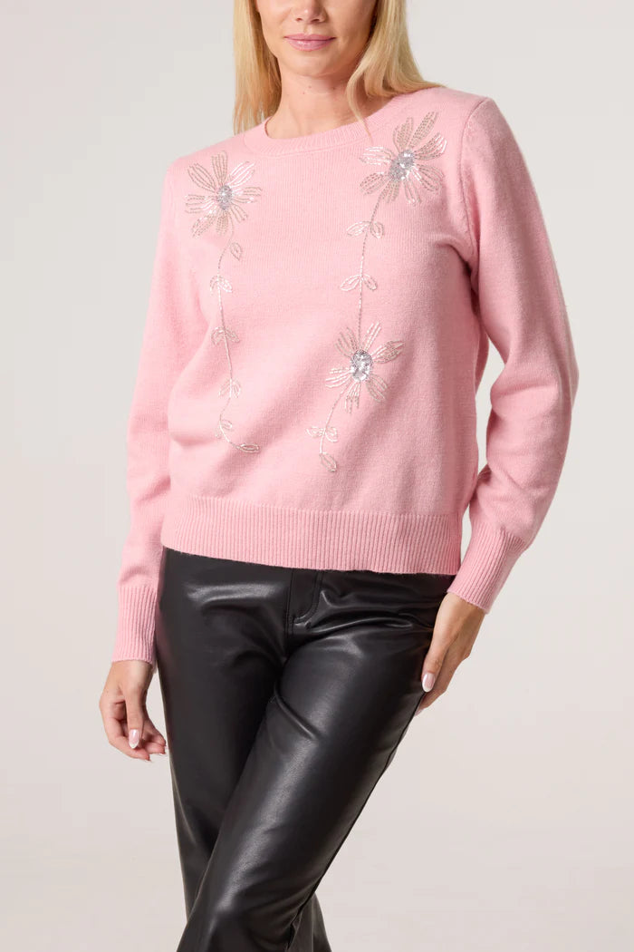Pink Diamante Flowers Jumper