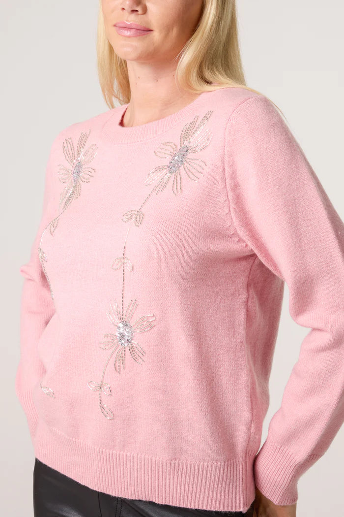 Pink Diamante Flowers Jumper