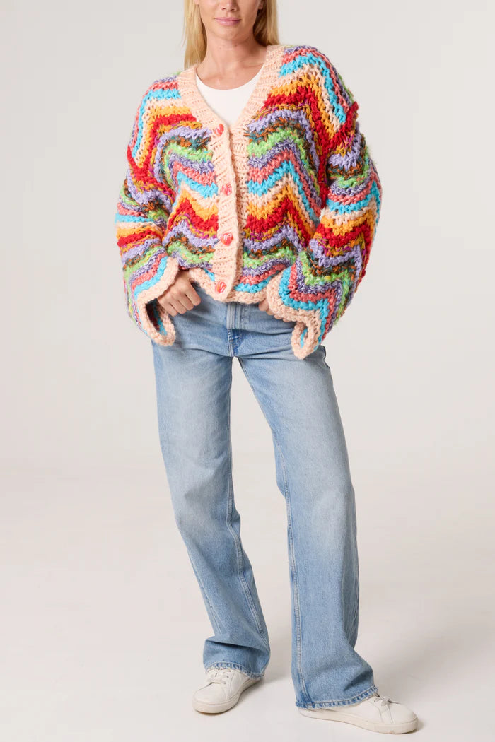 Multi-Coloured Zig Zag Rainbow Hand Knitted Chunky Knit Cardigan