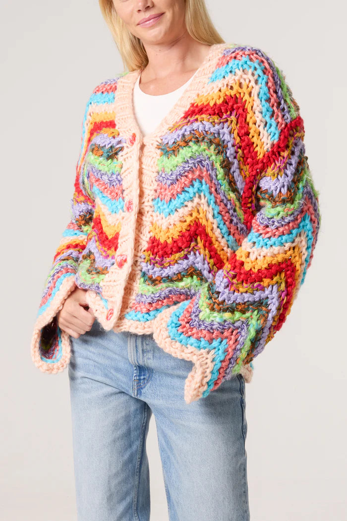 Multi-Coloured Zig Zag Rainbow Hand Knitted Chunky Knit Cardigan