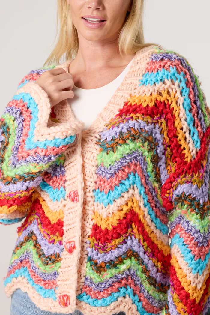Multi-Coloured Zig Zag Rainbow Hand Knitted Chunky Knit Cardigan