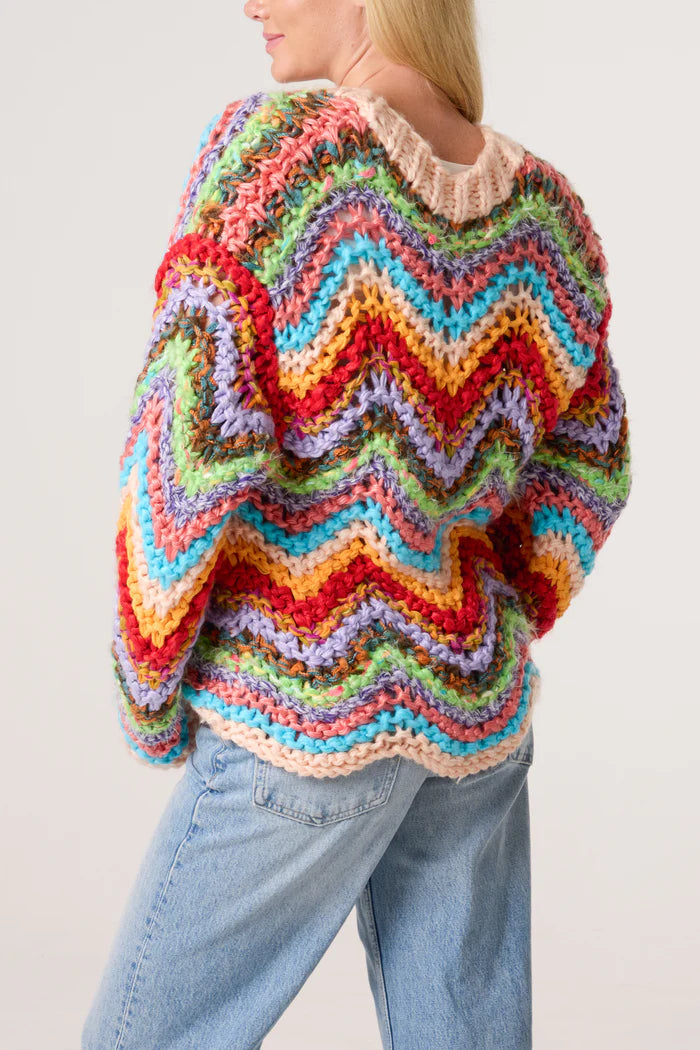 Multi-Coloured Zig Zag Rainbow Hand Knitted Chunky Knit Cardigan