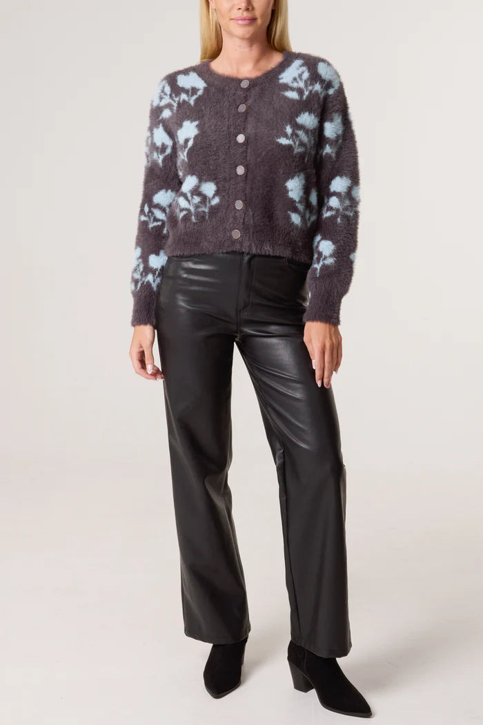 Grey Furry Floral Vintage Button Cardigan