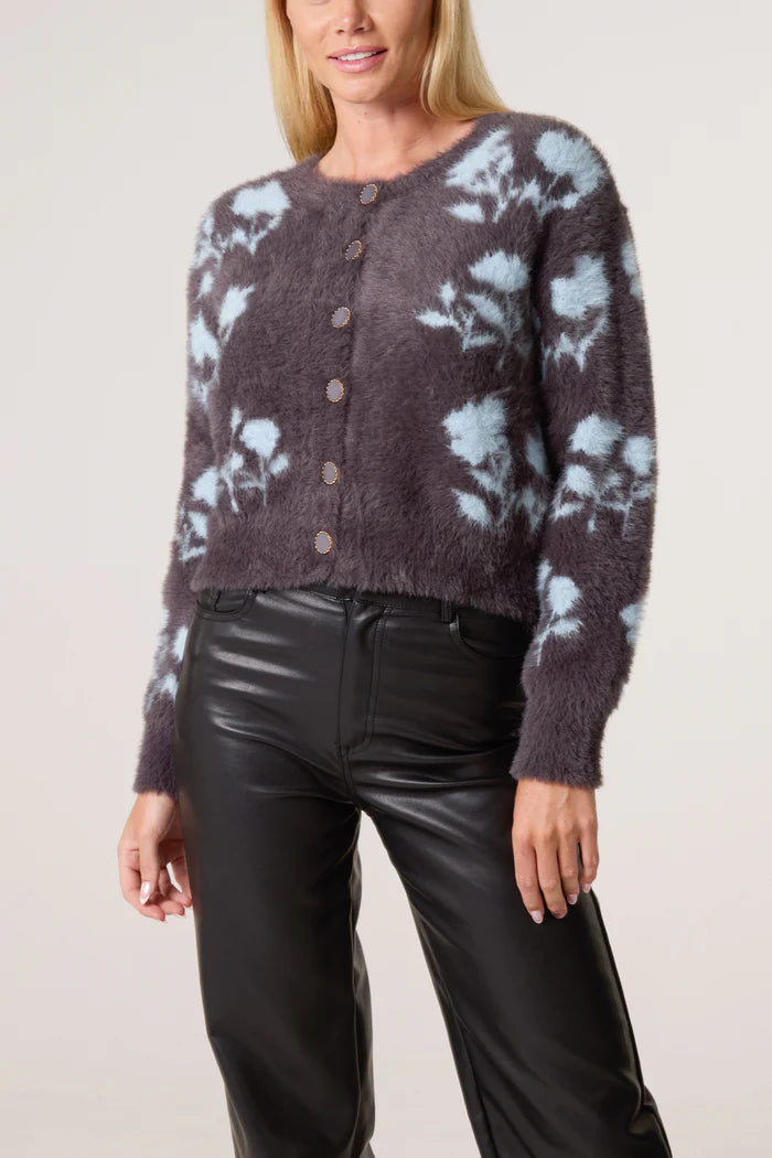 Grey Furry Floral Vintage Button Cardigan
