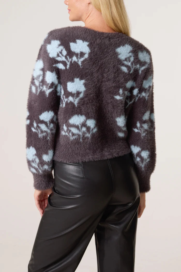 Grey Furry Floral Vintage Button Cardigan