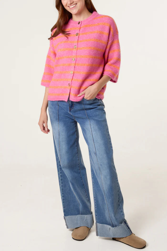 Pink Stripe 3/4 Sleeve Cardigan