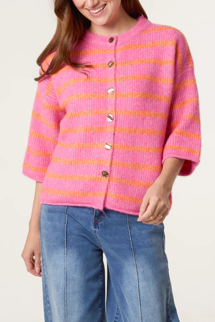Pink Stripe 3/4 Sleeve Cardigan
