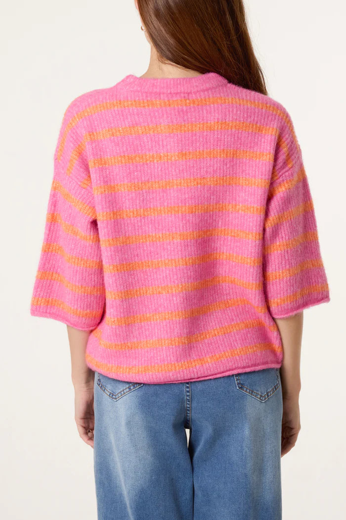 Pink Stripe 3/4 Sleeve Cardigan
