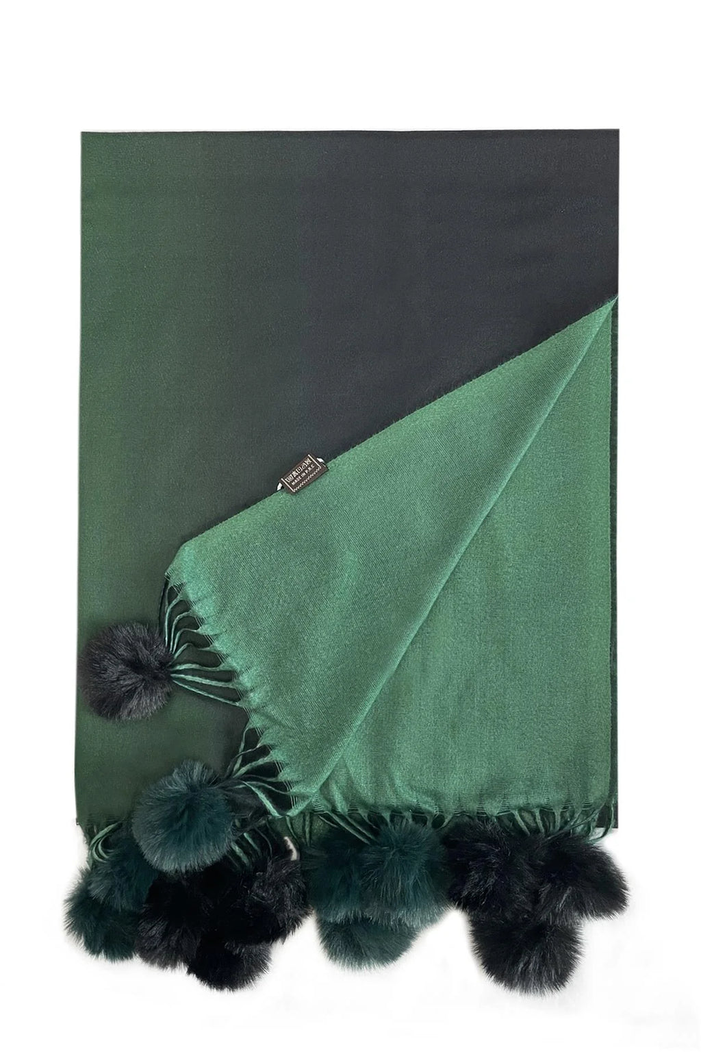 Green Ombre Wool & Faux Fur Pom Pom Scarf
