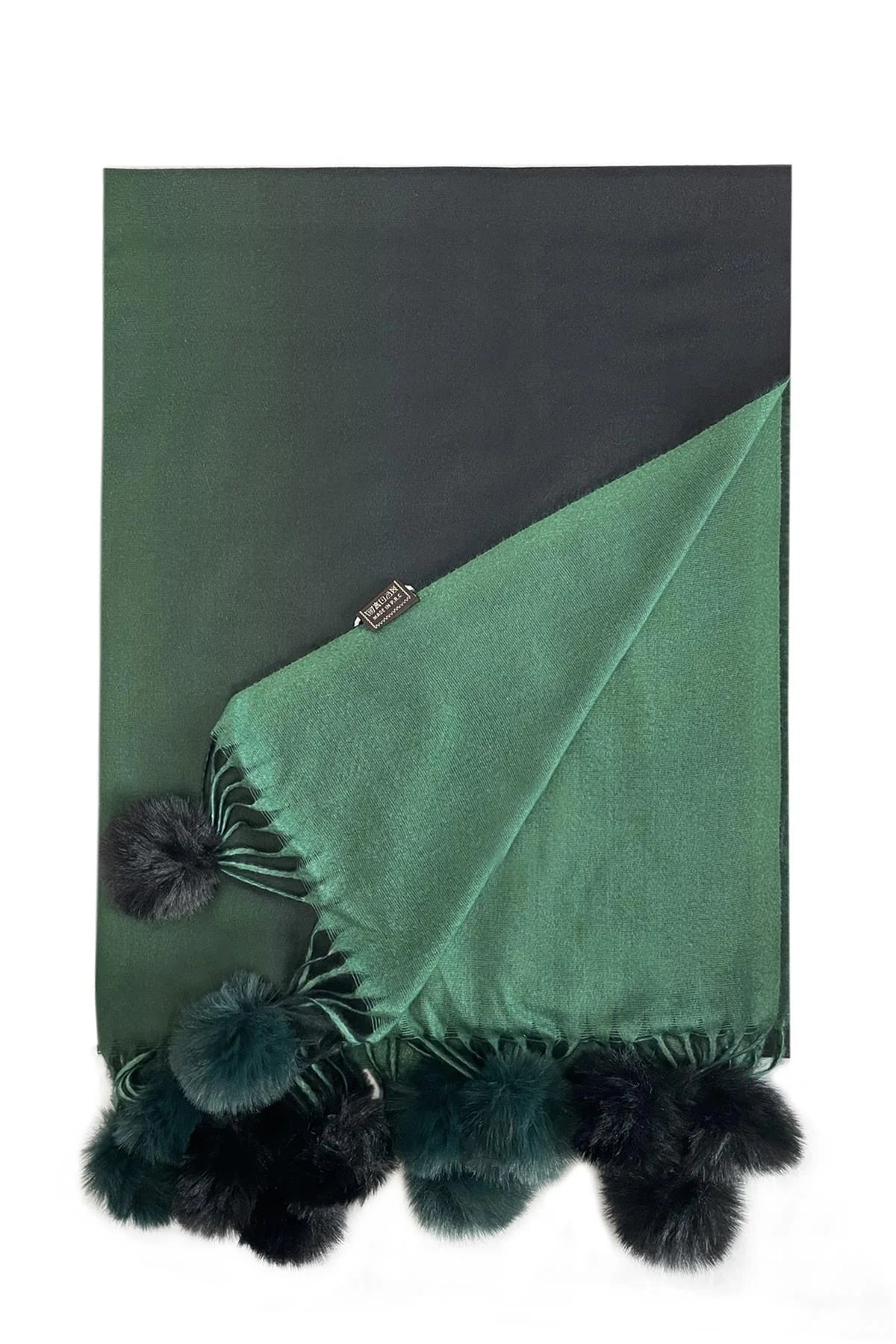 Green Ombre Wool & Faux Fur Pom Pom Scarf