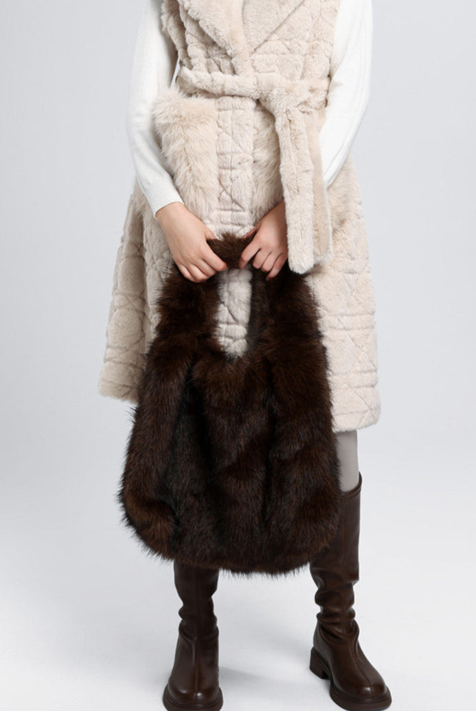 Brown Faux Fur Slouchy Tote Bag