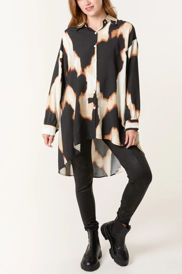 Oversized Brown Abstract Print Shirt