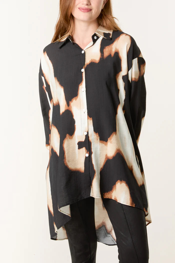 Oversized Brown Abstract Print Shirt