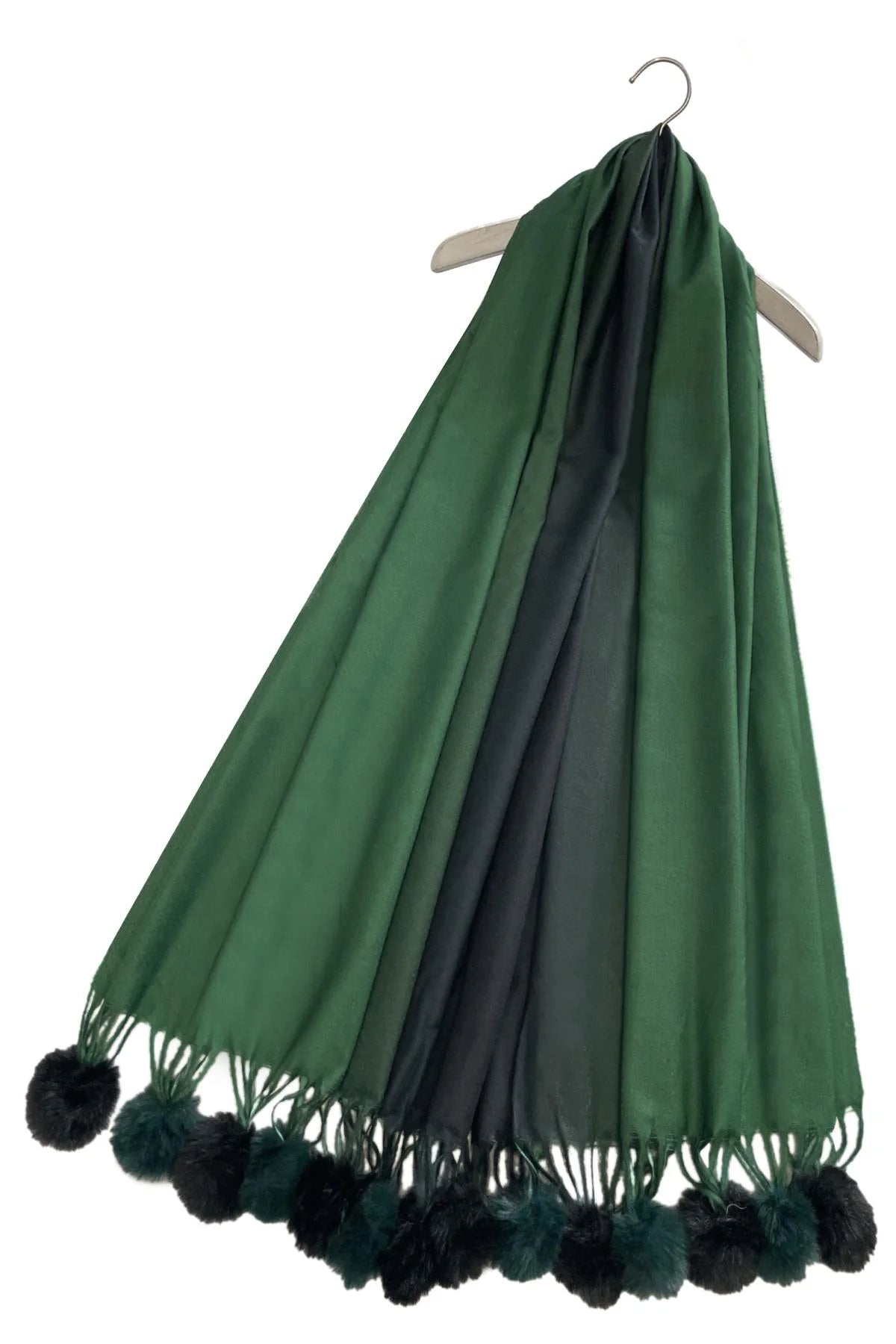 Green Ombre Wool & Faux Fur Pom Pom Scarf