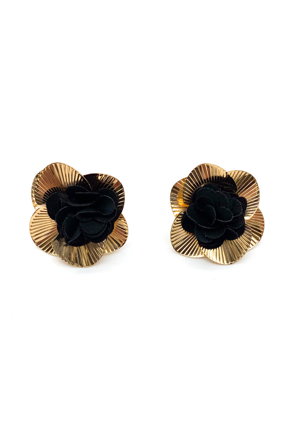 Black Chiffon Gold Flower Petal Earrings