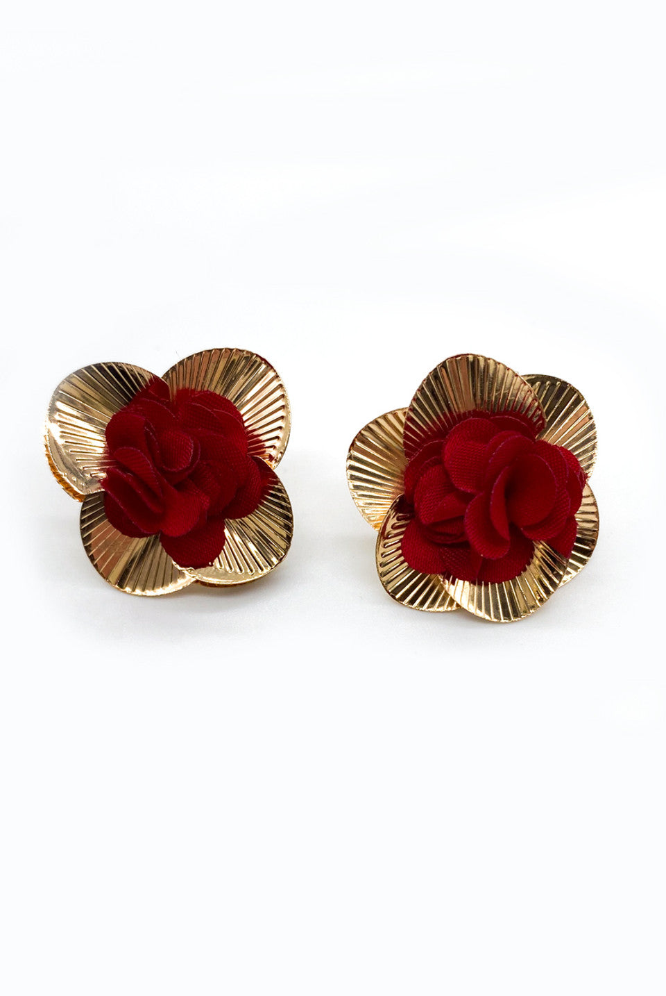 Red Chiffon Gold Flower Petal Earrings