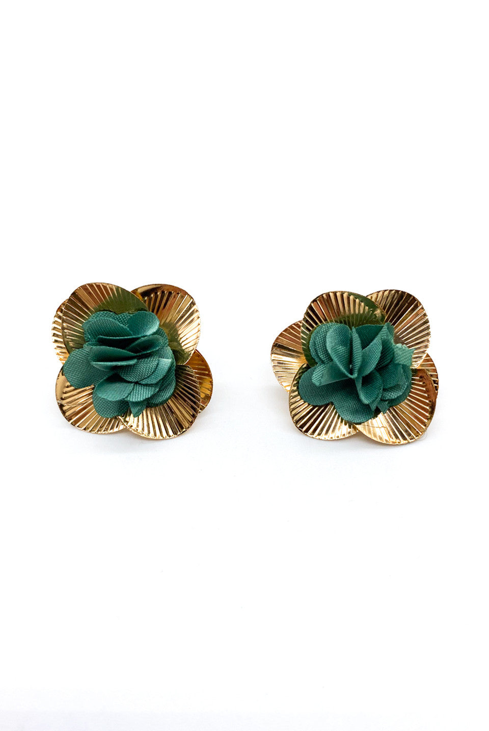 Green Chiffon Gold Flower Petal Earrings