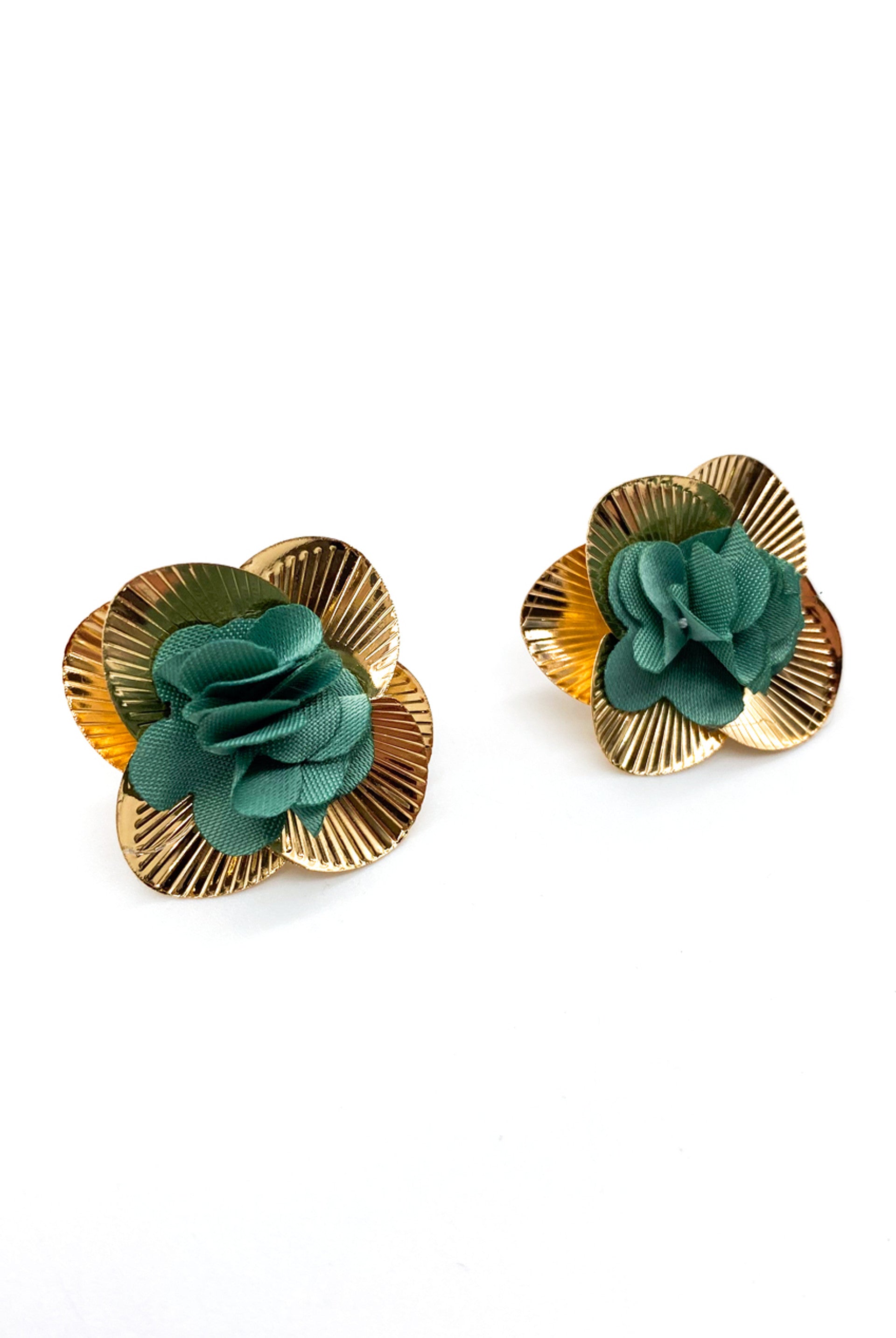 Green Chiffon Gold Flower Petal Earrings