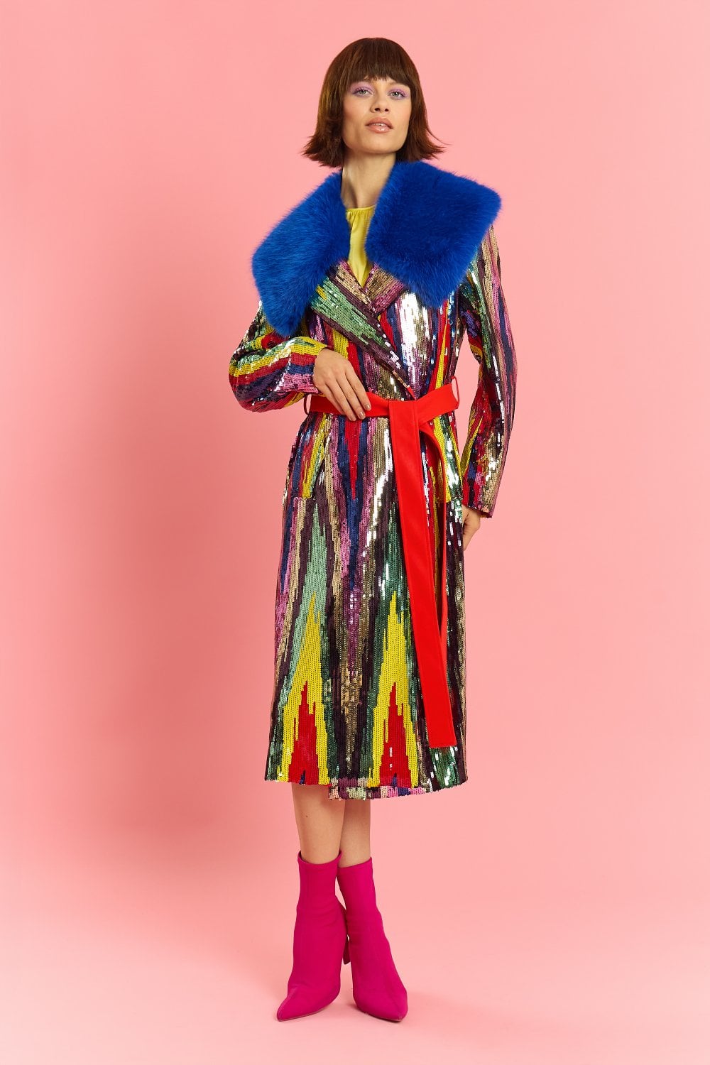 Blue Faux Fur Collar Bamboo Sequins Trench Coat