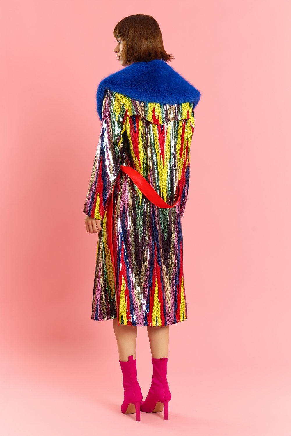 Blue Faux Fur Collar Bamboo Sequins Trench Coat