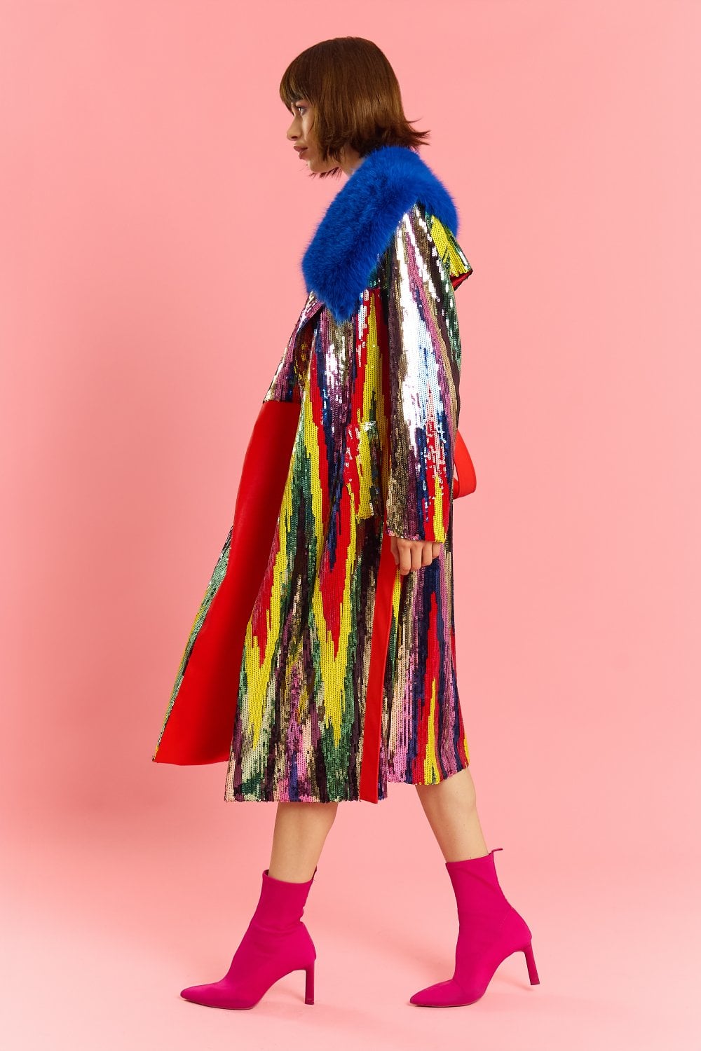 Blue Faux Fur Collar Bamboo Sequins Trench Coat