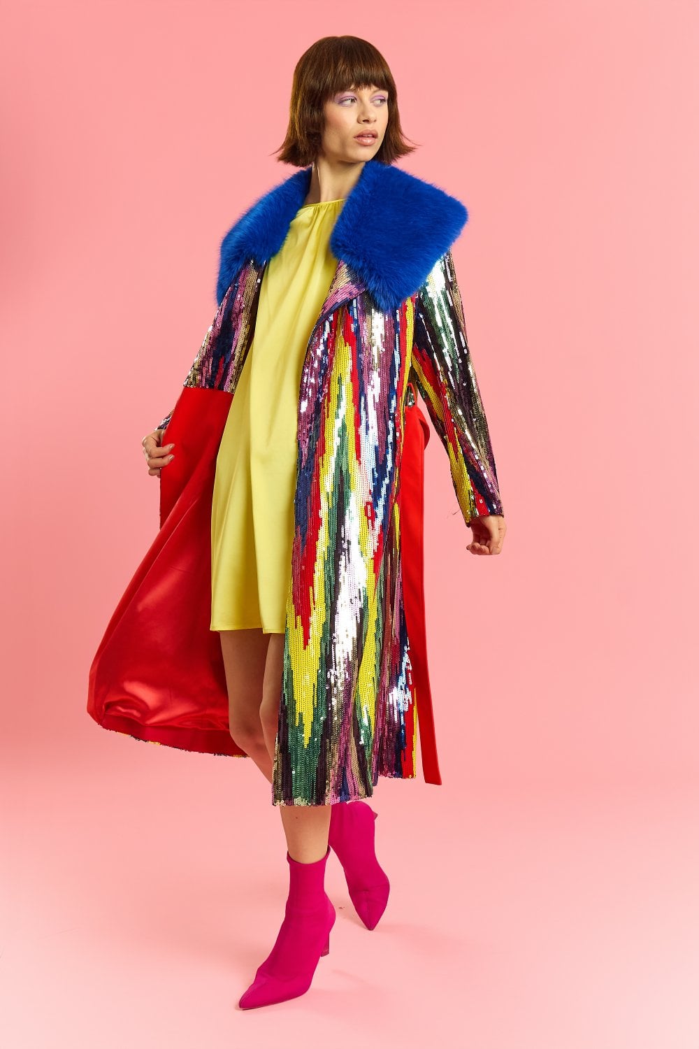 Blue Faux Fur Collar Bamboo Sequins Trench Coat