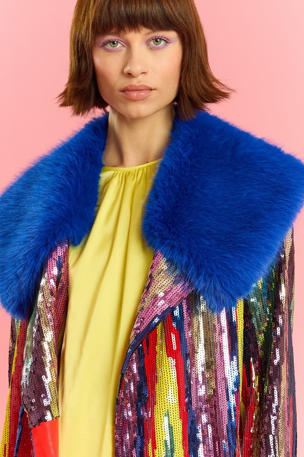 Blue Faux Fur Collar Bamboo Sequins Trench Coat