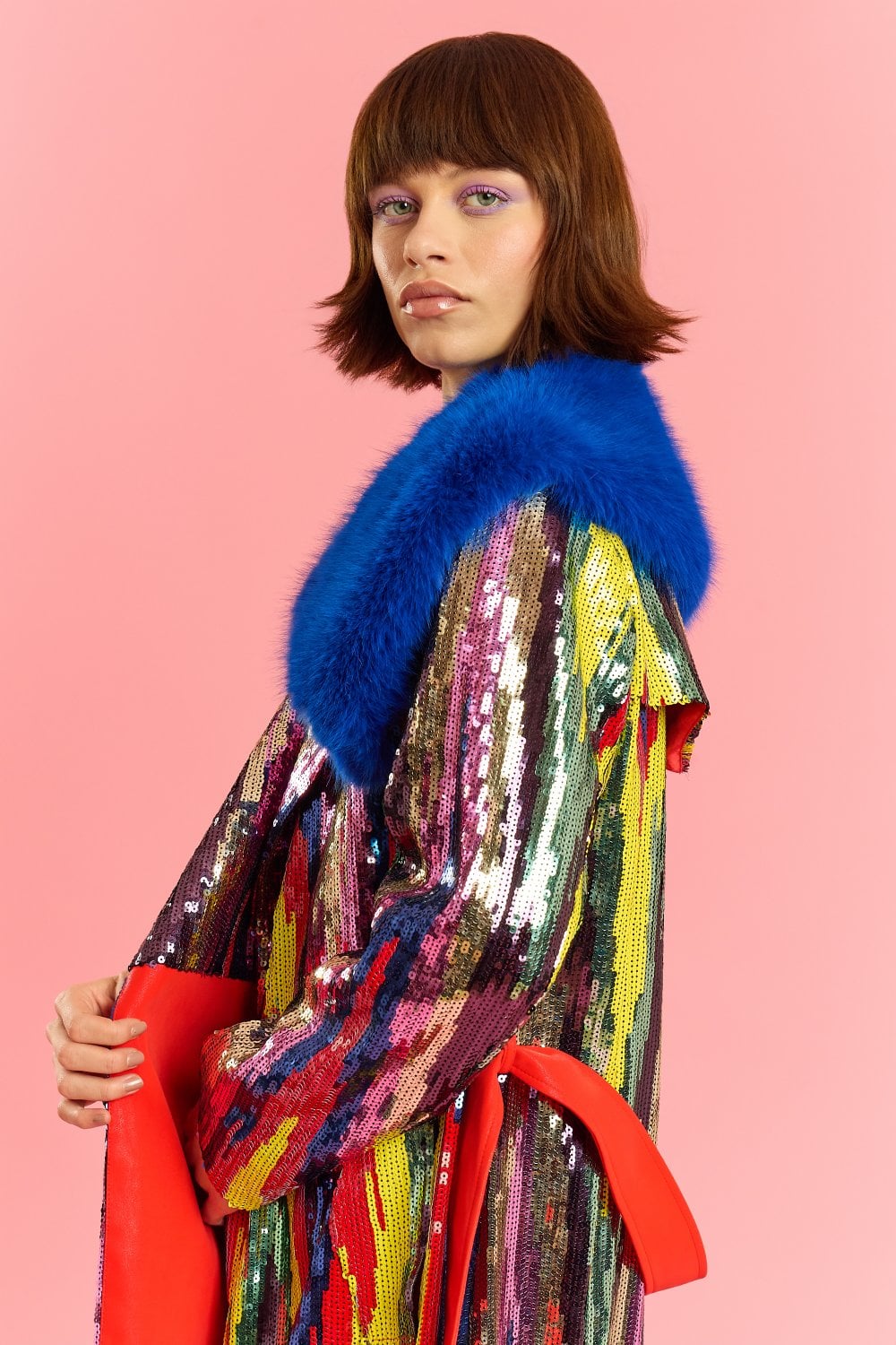 Blue Faux Fur Collar Bamboo Sequins Trench Coat